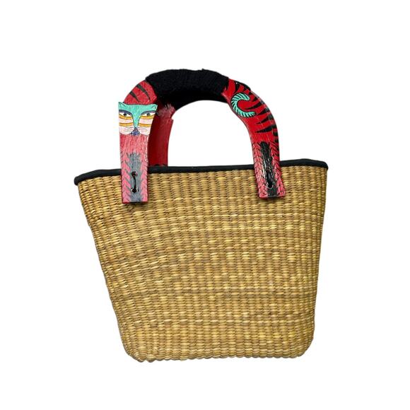 Wooden Handle Straw Basket Bag Purse Tote Hand Painted Cats - Picture 9 of 9